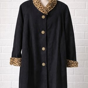 Black Coat with Leopard Trim - Women's Classic Button Front